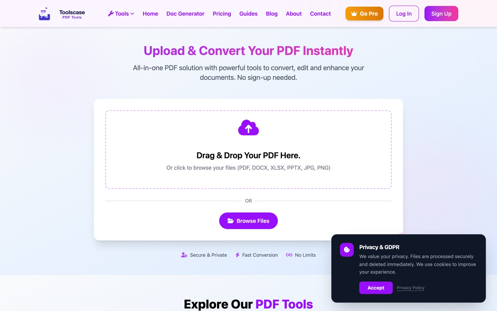 PDF Tools — live screenshot of pdf.toolscase.com